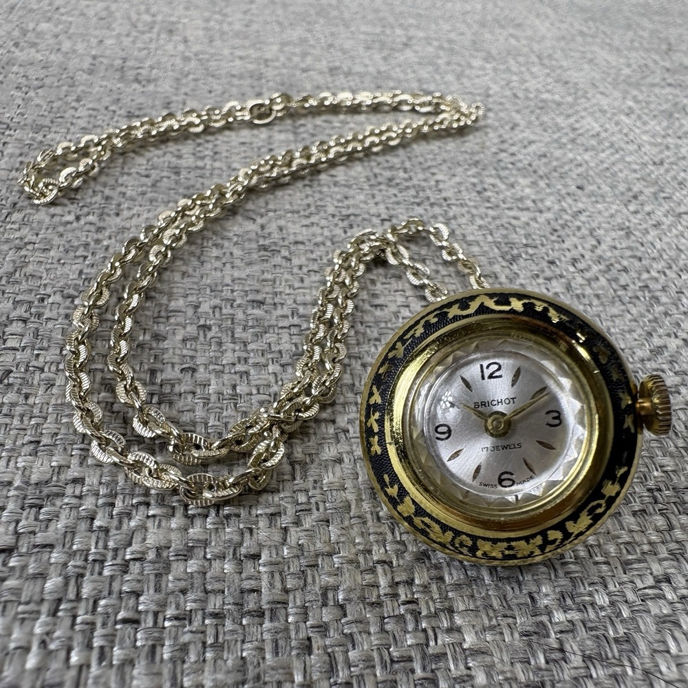 Brichot 17 Jewels Swiss Made Ball Pendant Watch Necklace Gold Tone 30in Vintage